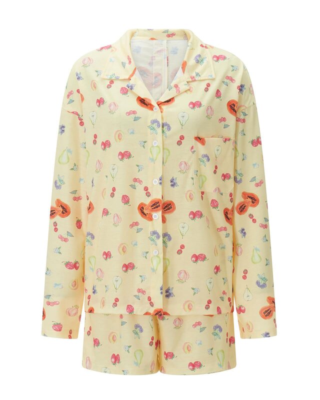 Vagelette-女性用フルーツプリントパジャマ,ボタンダウンTシャツ,ショートパンツ,ソフトパジャマ