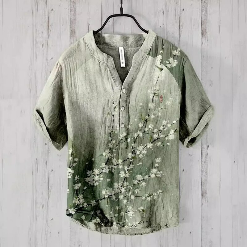 2024 New Hawaiian Short Sleeve Shirt 3D Printed Bamboo Linen Casual Loose Pullover Buttoned Men's Shirt