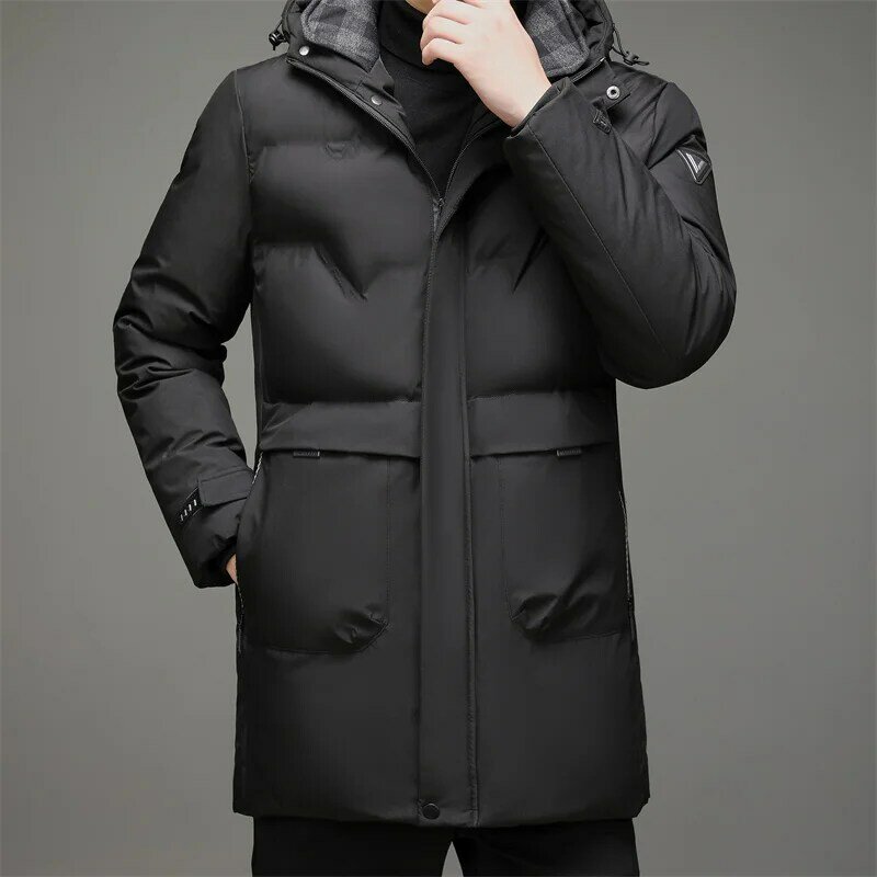 Новинка Зима 2022, мужское деловое повседневное утепленное хлопковое пальто средней длины с капюшоном, уличное теплое ветрозащитное хлопковое пальто