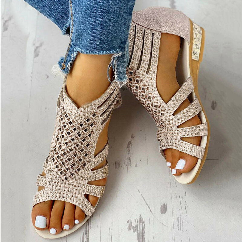 Sapatos de praia de diamantes de cristal brilhante para mulheres, cunha oca, calcanhar, sandálias romanas, dedo do pé aberto, zíper, verão