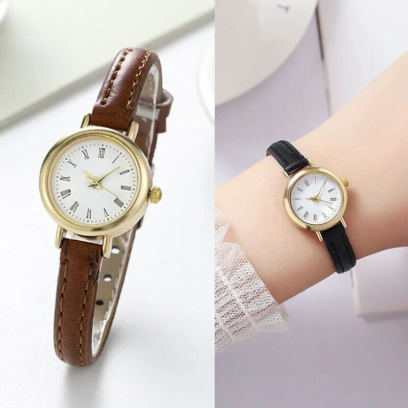 女性のためのシンプルなクォーツ腕時計、小さな丸い時計、女の子のベルト、ギフト、2023