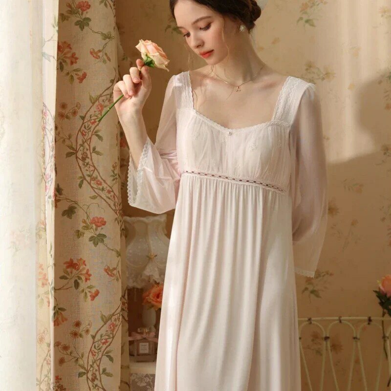 Fairy Square Collar Nighty Women Sweet tinta unita abito da notte lungo primavera autunno Modal Nightwear Romantic Princess Sleepwear