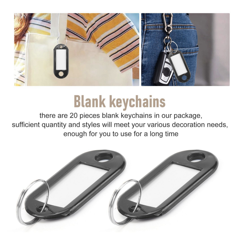 Étiquettes d'identification de clé, anneau fendu, porte-clés noir, 20 pièces