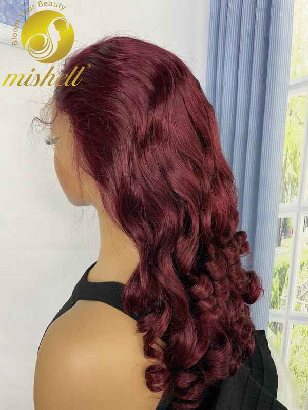 Borgonha Bouncy Curly Peruca de Cabelo Humano para Mulheres, Transparente Lace Wig, Loose Wave Wigs, Preplucked Remy Hair, HD, 99J, 24 ", 13x4