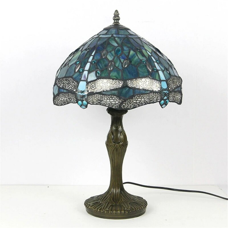 Lámpara de mesa Tiffany estilo libélula de EE. UU., lámpara de mesa de vidrio de colores, decoración del hogar H 18-
