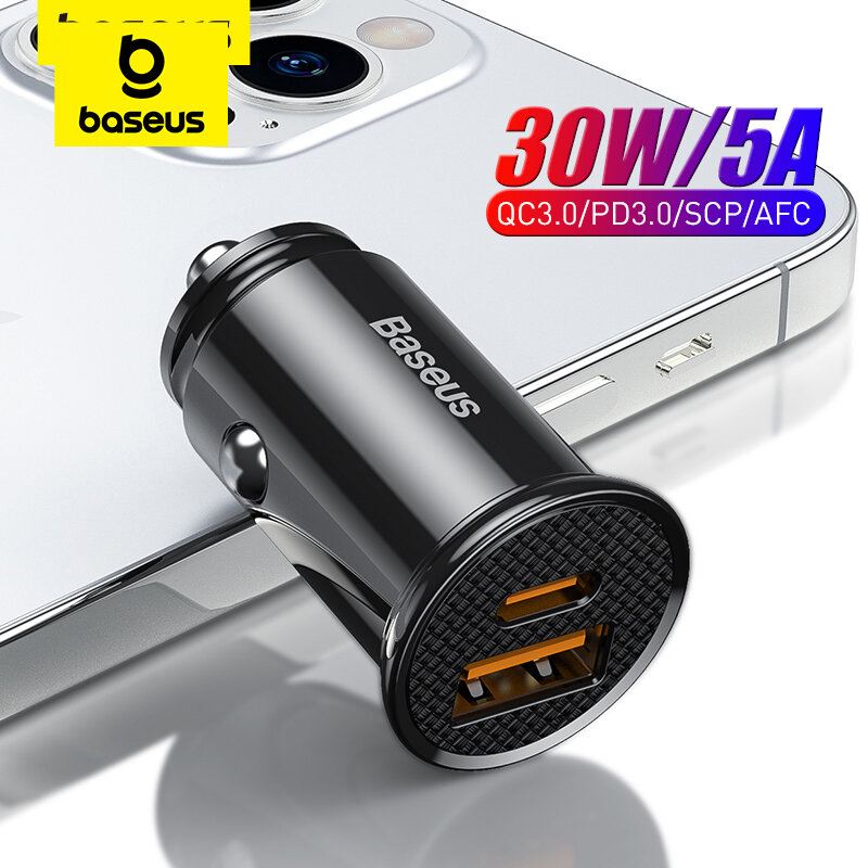 BASEUS ที่ชาร์จในรถแบบ USB 30W, ที่ชาร์จในรถชาร์จเร็ว4.0 3.0 FCP SCP USB PD สำหรับ Xiaomi iPhone 12 13 14 15 Pro ชาร์จเร็วที่ชาร์จโทรศัพท์ในรถยนต์