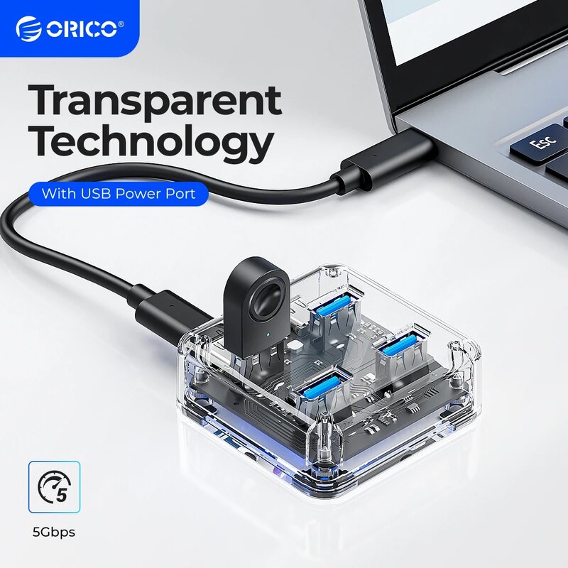 ORICO 전원 커넥터가 있는 투명한 USB C 허브 4포트 확장 USB 3.2 프로토콜 고속 전송 OTG 어댑터