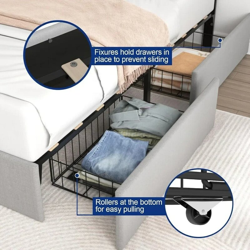 Bed Frame, Upholstered Large with 4 Storage Drawers and Adjustable Headboard, Sturdy Plank Support, Platform Bed Frame