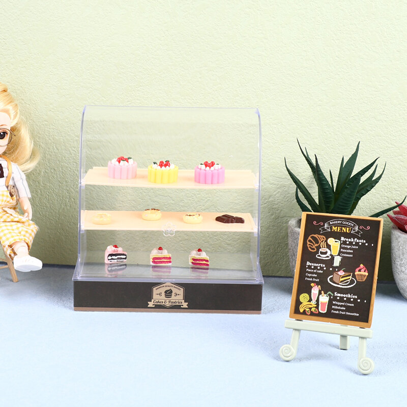 Armario de exhibición de pasteles de plástico en miniatura para casa de muñecas, 1 Juego, 1:12, modelo de soporte de letrero, juguete de decoración de escena viva