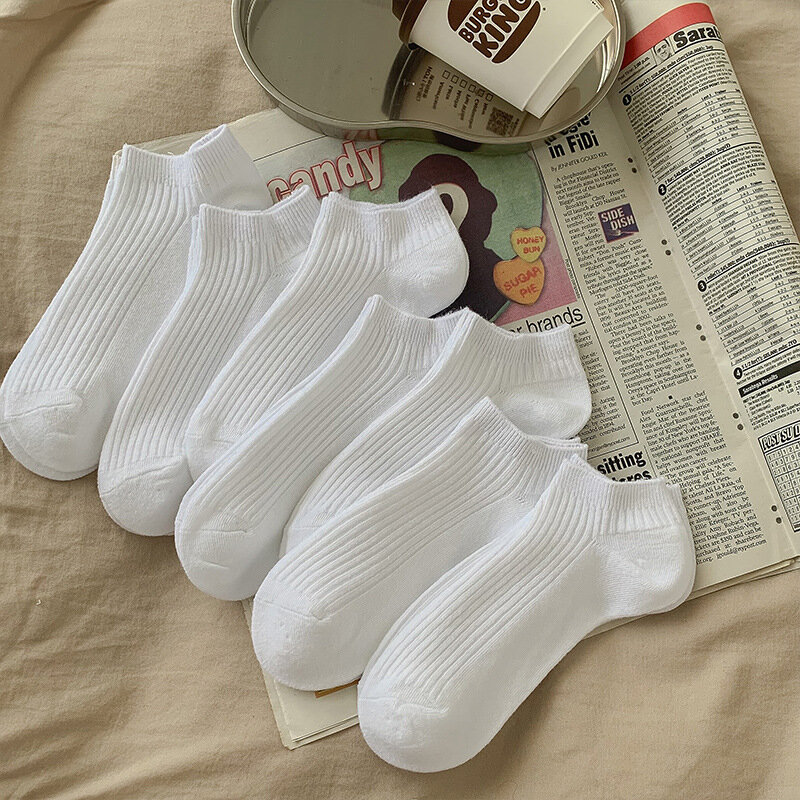 Calcetines tobilleros de algodón transpirable para hombre, de corte bajo medias cómodas, Color sólido negro y blanco, 5 pares por lote
