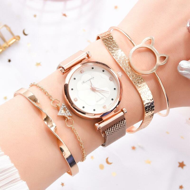 Mode Vrouwen Horloges Armband Set Luxe Magneet Gesp Bloem Rhinestone Horloge Dames Quartz Horloge 5Pcs Set Reloj Mujer