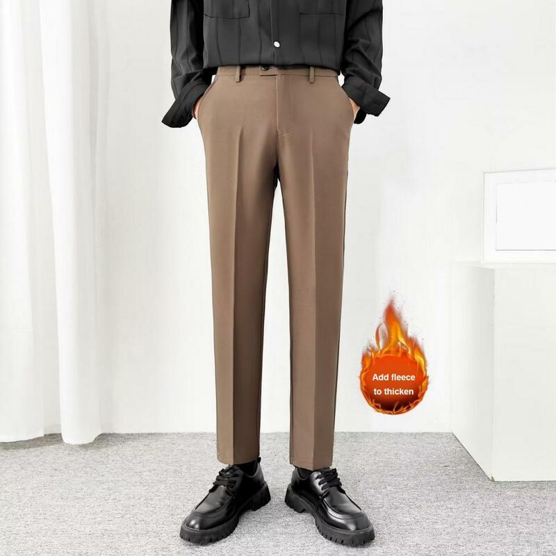 Брюки мужские костюмные с мягкими карманами, плотные плюшевые Формальные Деловые штаны со средней талией и застежкой, одежда для офиса