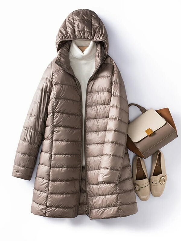 여성용 슬림 모자 탈착식 화이트 덕 다운 코트, 휴대용 겉옷 90%, 초경량 롱 여성 다운 재킷, 2023 가을, 겨울