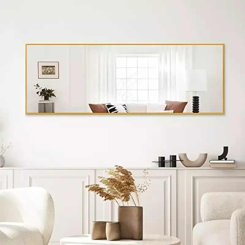 Cermin lantai ke langit-langit 60x20 panjang penuh dinding, bingkai aluminium cermin rias dengan dudukan, emas