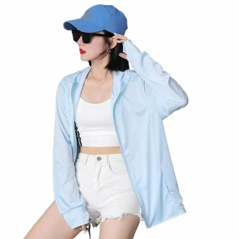 Solid Color Women Sunscreen Hoodie Summer Long-sleeved Ice Silk UV Protection Shirt Thin Breathable Thin Jacket Women