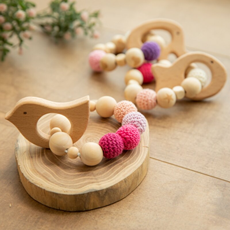 Baby Holz Beißring Buche Tier Holz Rassel Spielzeug Holz Beiß spielzeug Baby Rassel Perlen Armbänder Holz spielzeug für Kinder