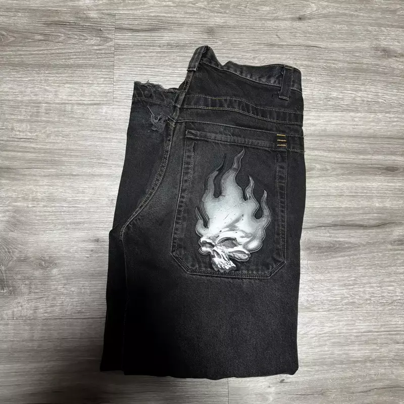 Harajuku Hip Hop Retro Skull Streetwear JNCO Jeans Y2K Mens Graphic Baggy Jeans Black Pants Punk Rock Gothic Wide Leg Trousers