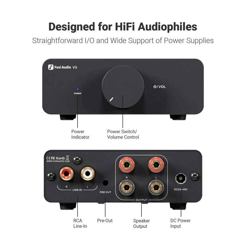 Fosi Audio-V3 Amplificador de Potência Estéreo, Mini Speaker Amp, 2 Canais, Estante Passiva, 300W x 2, TPA3255, Classe D
