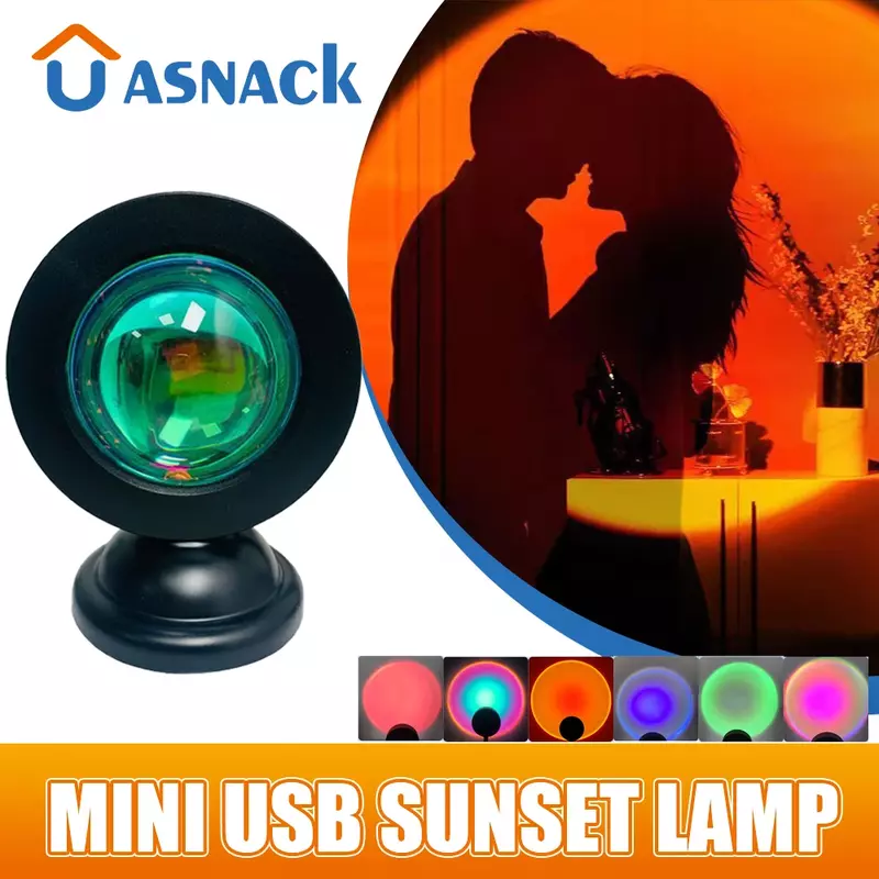 USB 선셋 램프 LED 미니 프로젝터 야간 조명, 16 색 스위치, 무지개 분위기, 홈 침실 배경 벽 장식 선물