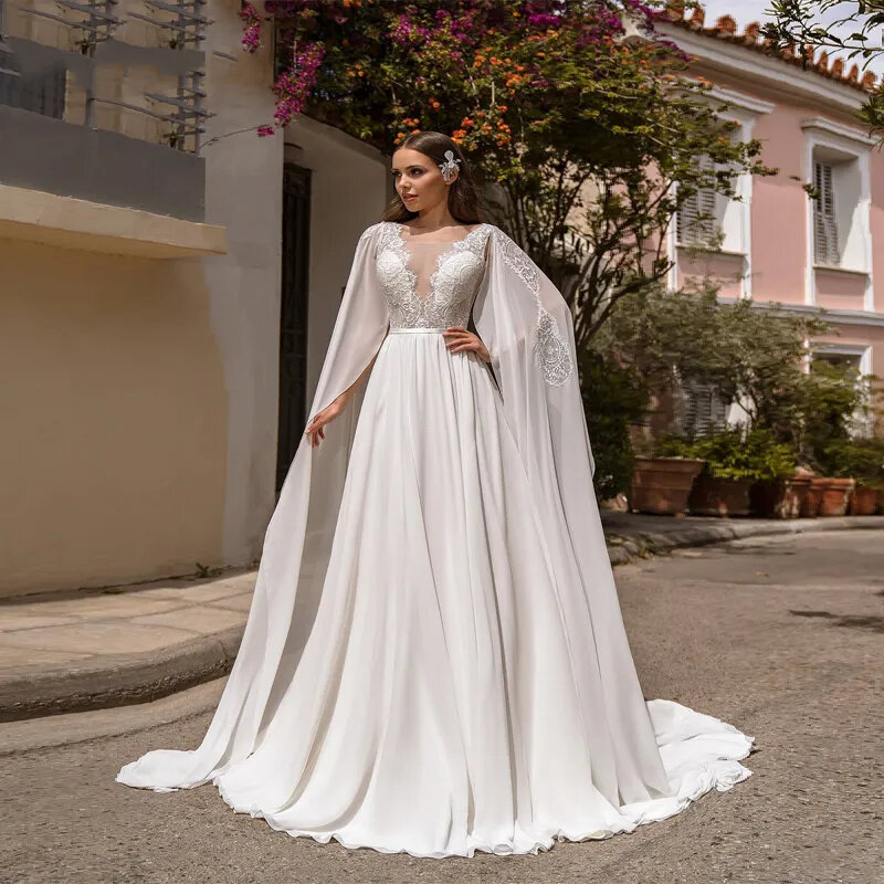 Vestido de novia blanco con calcomanía de línea A, cuello en V, capa desmontable, vestido de novia romántico, elegante, personalizado