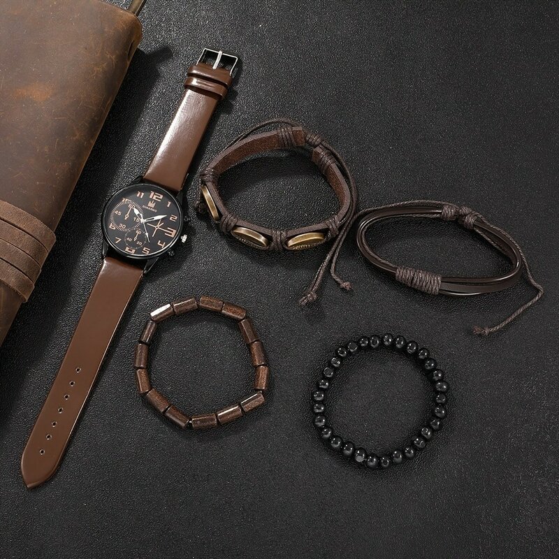 Kegllect 5 Stuks Heren Quartz Horloge Ronde Wijzerplaat Lederen Band Armband Set Ideale Keuze Voor Geschenken (Zonder Doos)