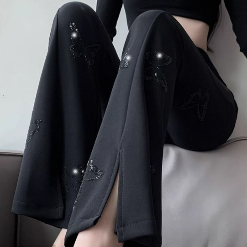 Брюки женские расклешенные с разрезом, Модные Простые повседневные универсальные прямые брюки со стразами и бабочками, черные в Корейском стиле, на лето