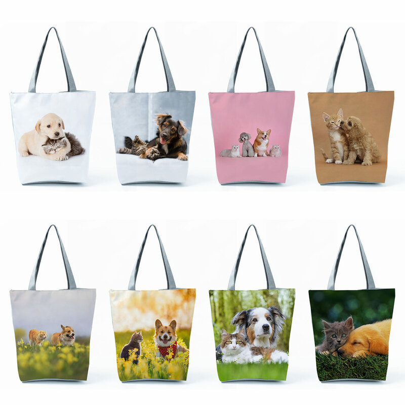 Cute Cat ang Dog Handbags Groceries Women Shopping Bags Kawaii Animal Graphic Large Capacity Shoulder Bags Female Foldable Totes