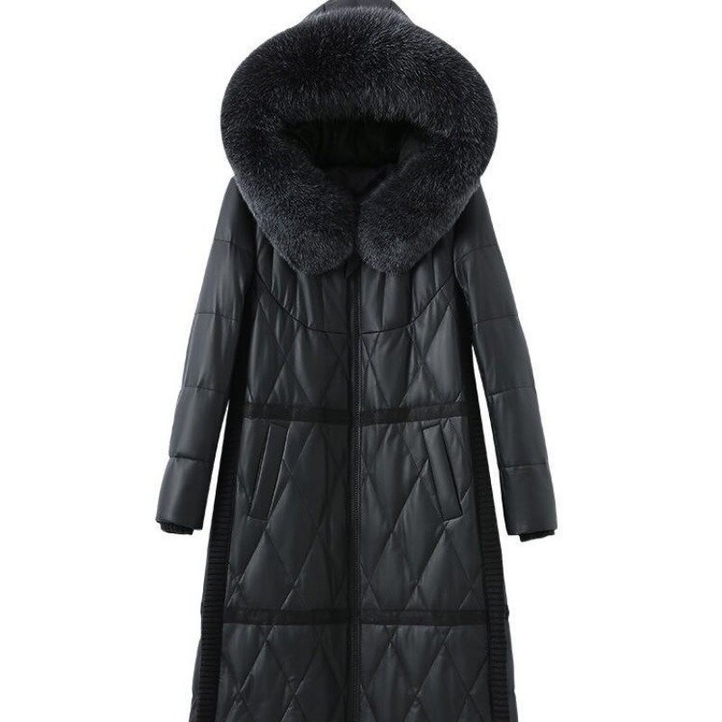 Новинка 2023, зимнее кожаное женское пальто Haining средней длины из овечьей кожи, с капюшоном из лисьего меха, тонкое модное удобное пальто высокого качества
