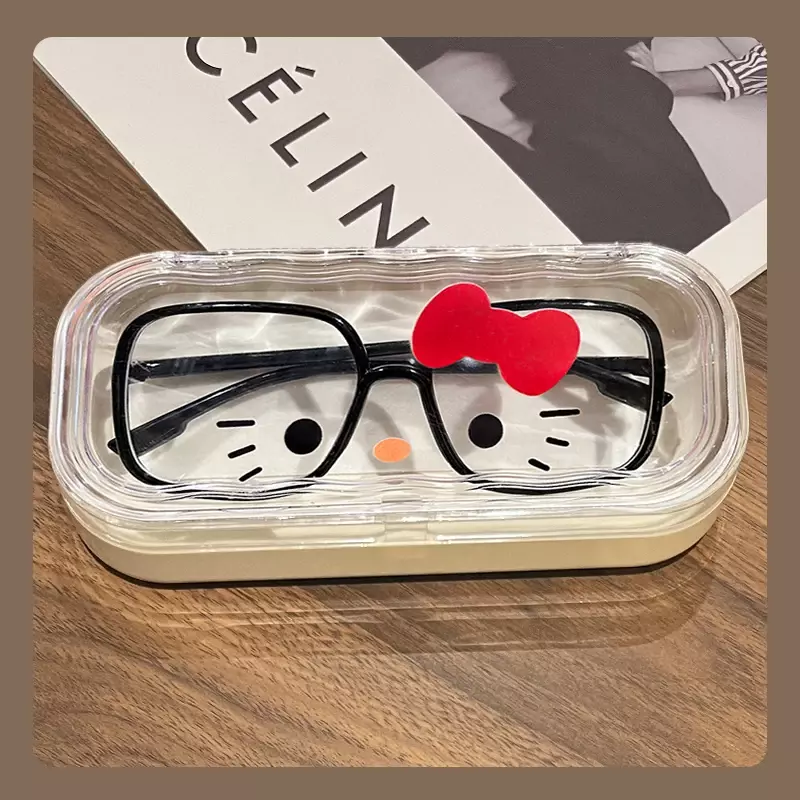 Sanrio Hello Kitty Y2k casing kacamata Kawaii kartun menyembuhkan Colorblock PU kulit kacamata kotak penyimpanan Squeeze Drop mainan anak perempuan Gif