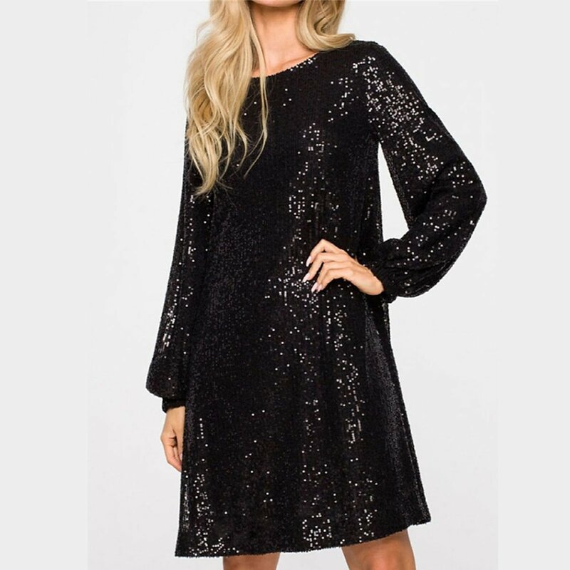 Dresses For Women 2024 Party Solid Color Long Sleeve Round Neck Tie Waist Glitter Sparkly Sequin Dress For Women Prom Dresses