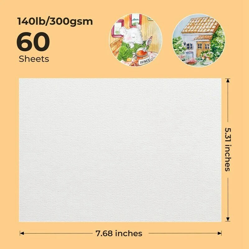 60 Sheets Watercolor Paper Acid-Free Bulk White Paper Cold Press 50% Cotton 140Lb /300Gsm (7.68 X 5.31 Inch)
