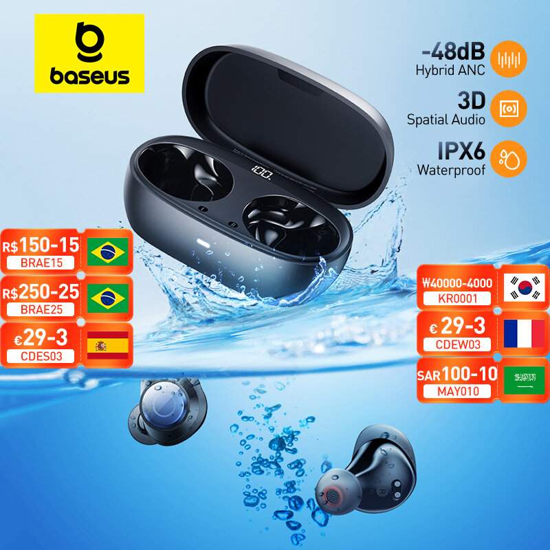 Baseus Bowie MA10 Pro słuchawki bezprzewodowe 48dB aktywna redukcja szumów Bluetooth 5.3 słuchawki douszne 40H żywotność baterii IPX6 wodoodporna