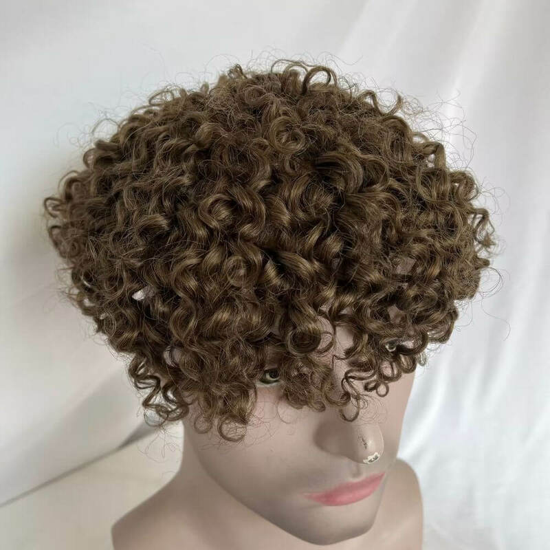 Toupee for Men Small Curly 100% Human Hair Brown Replacement System Hairpieces Soft Full Swiss Lace  8"x10" Base Size