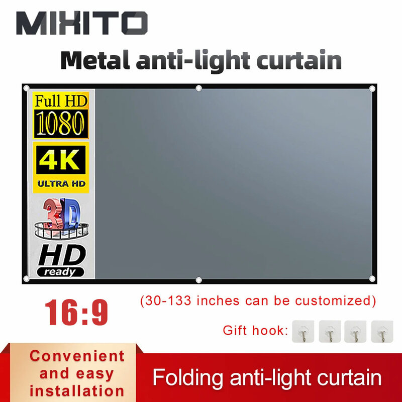 MIXITO-pantalla de proyección antiluz para exteriores, pantalla de proyector portátil de 30-133 pulgadas con borde negro y agujero 16:9, color gris, para el hogar y la Oficina