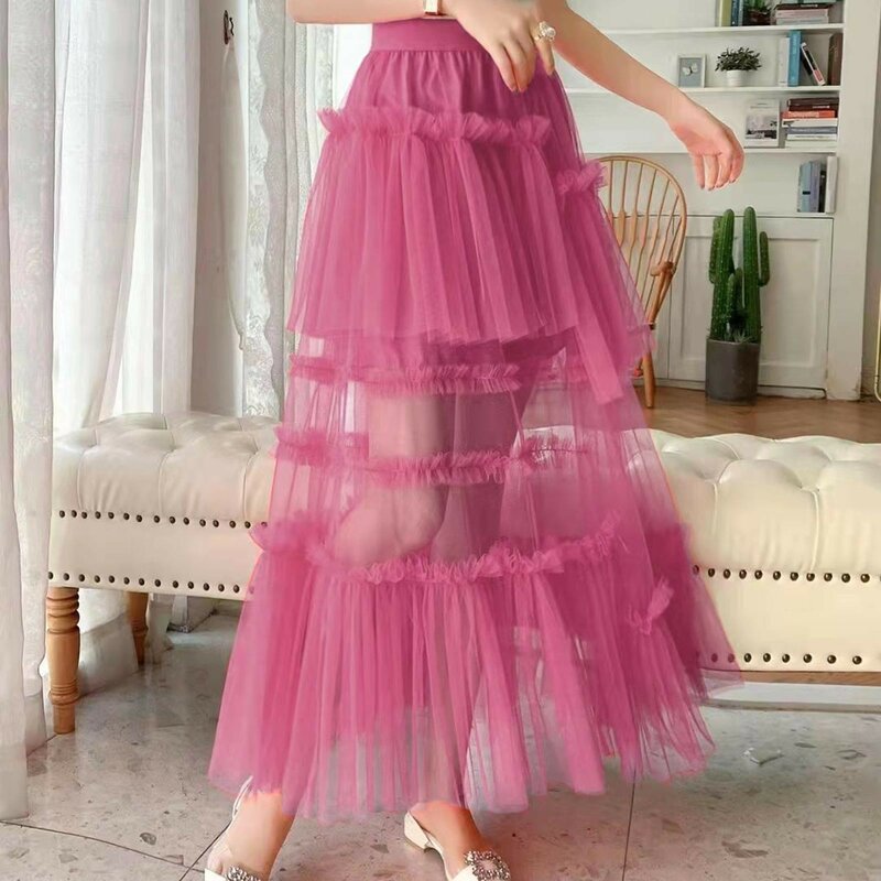 High Waist Mesh Women's Skirts Elegant 2024 New Summer Spring Solid Color Irregular Multilayer Cake Long Half Skirt Female