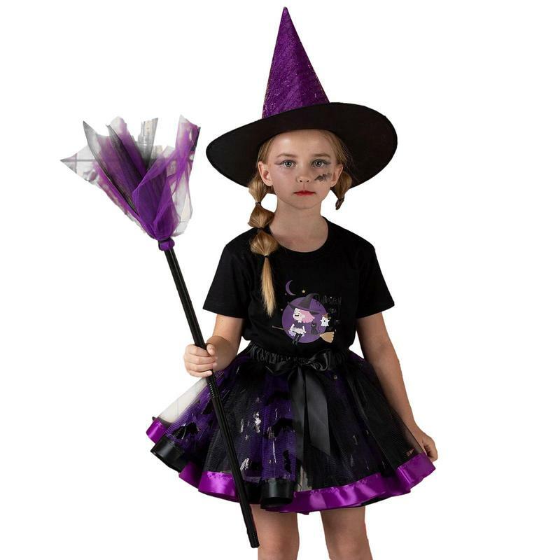 Kostum penyihir Halloween anak perempuan, berdandan kostum Halloween karnaval, alat peraga pesta, gaun dansa Tulle balet jala + topi + Set sapu