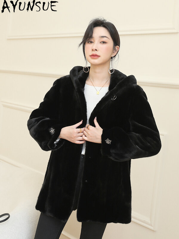 AYUNSUE-Casaco de pele de vison inteiro natural para mulheres, jaqueta com capuz, cauda ondulado, jaqueta de inverno de comprimento médio, jaquetas de pele slim...