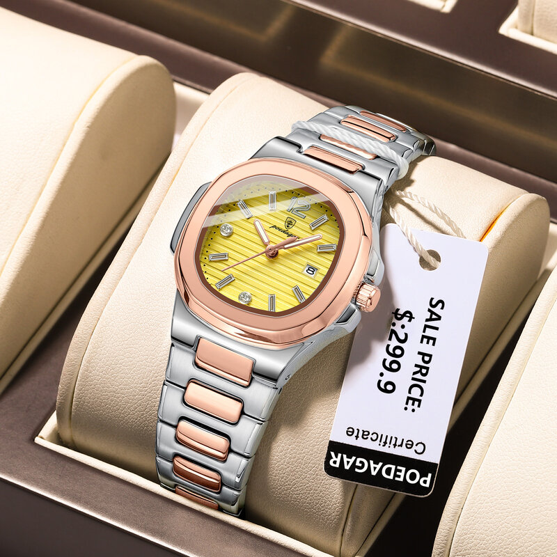 POEDAGAR jam tangan kuarsa untuk wanita, arloji mewah kotak bercahaya tahan air dengan fitur tanggal + kotak