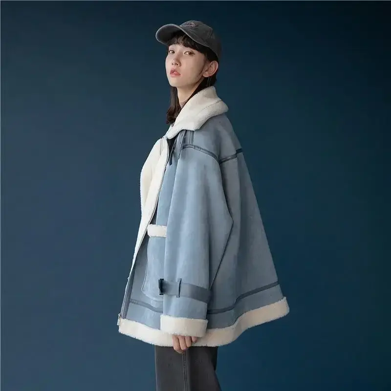Chaqueta de lana de cordero para mujer, Chaqueta de algodón de felpa, suelta y gruesa, piel de felpa integrada, 2022