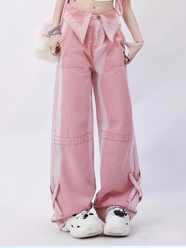 بنطلون جينز مستقيم دوبامين للنساء ، بنطال واسع الساق ، تصميم التلبيب ، أزياء فتاة ساخنة ، جينز Rayoop ، العلامة التجارية العصرية ، Y2K