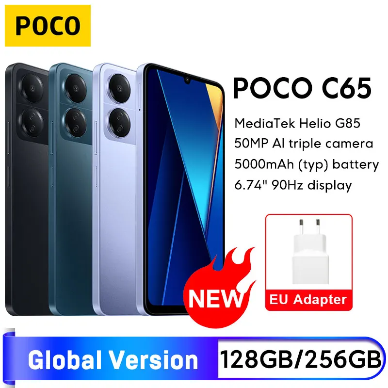 POCO C65 versi Global 128GB/256GB, MediaTek Helio G85 baterai 5000mAh layar 6.74 inci 90Hz 50MP kamera tiga AI NFC