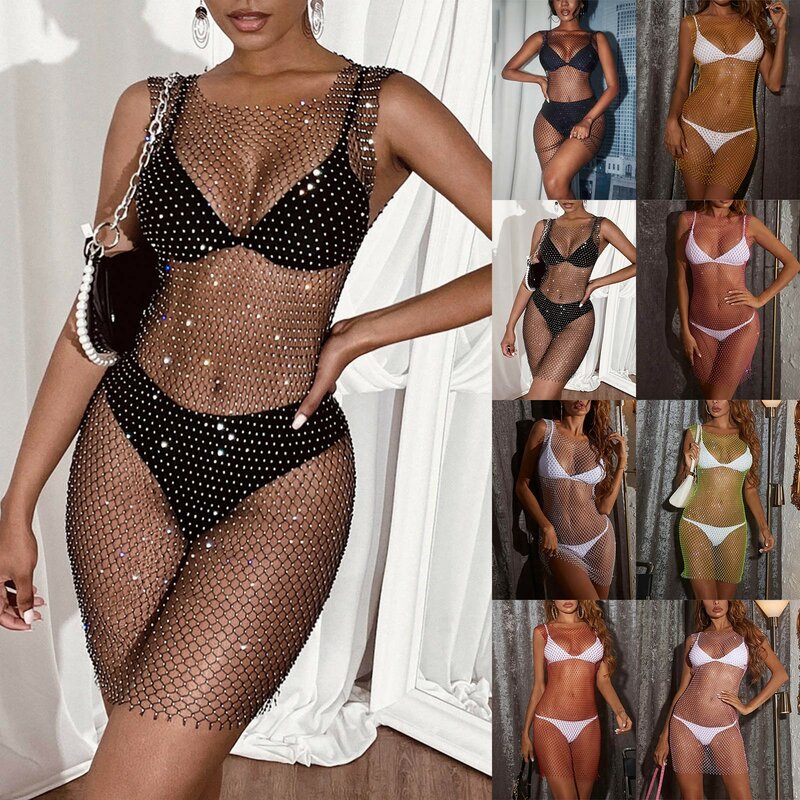 Fishnet Sparkly Rhinestone Sequins Party Dress Women Sexy See Through Side Split Hollow Dress Beach Bikini Cover Up Dress