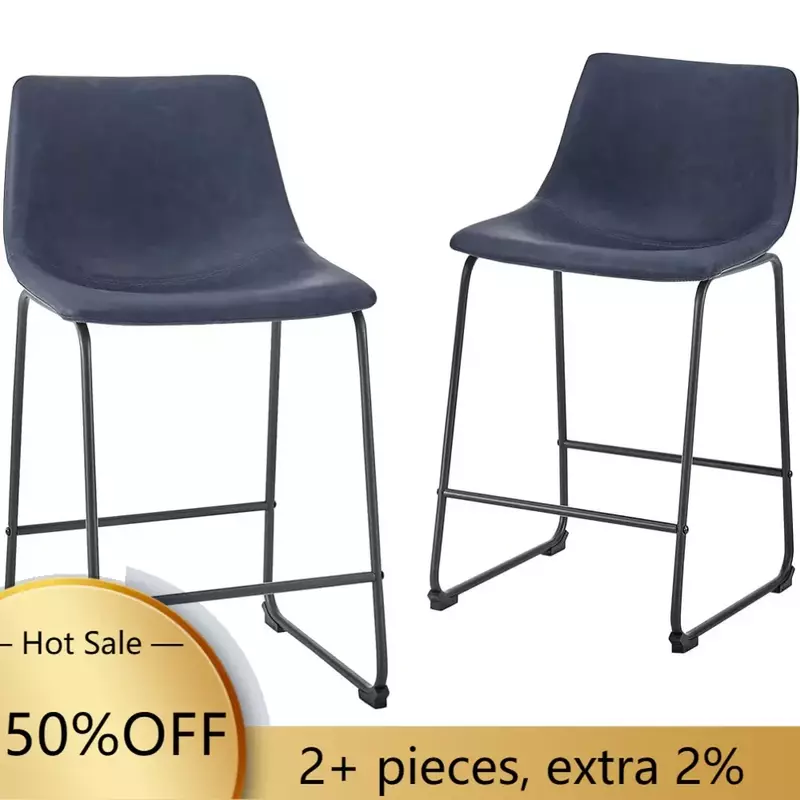 Industrial Faux Leather Armless Counter Chairs Chair Set of 2 Navy Blue Freight Free Café Furniture