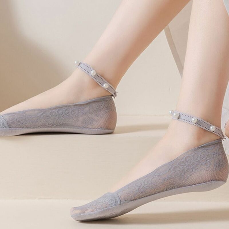 Модные ажурные кружевные носки-лодочки с лентами, Женские Дышащие Короткие носки с имитацией жемчуга, летние невидимые фотоноски