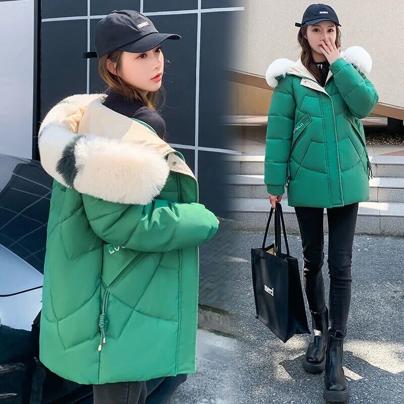 2023 New Women Down Cotton Coat Winter Jacket Mid Length Version Parkas Loose Large Size Thick Outwear Fur Colla Hooded Overcoat
