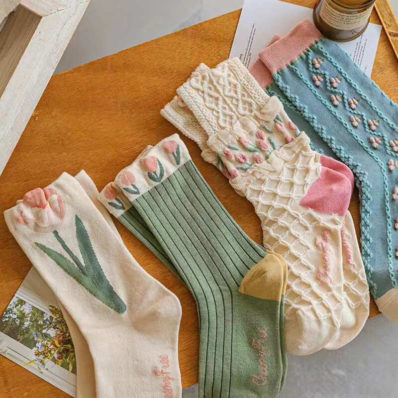 New Women Socks Korean Style Flower Trend Casual Cotton Socks Girls Frilly Ruffle Cute Sweet Breathable Crew Socks