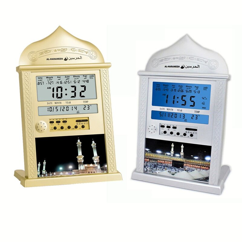 Jam dinding Azan kalender Muslim, 1 buah jam dinding doa Alarm jam meja Azan untuk semua kota dekorasi rumah hadiah pesta Ramadan
