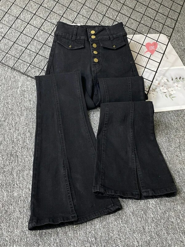 Pantalones vaqueros acampanados góticos negros para mujer, ropa de calle Y2k, pantalones de mezclilla de cintura alta, pantalones de vaquero de pierna ancha Harajuku Vintage con abertura