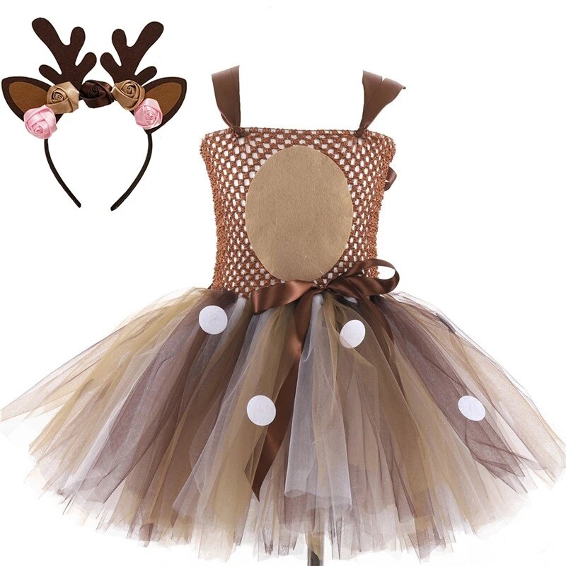 Gaun rusa untuk bayi perempuan, gaun Natal untuk anak-anak, kostum Halloween, gaun Tulle Tutu, pakaian putri ulang tahun