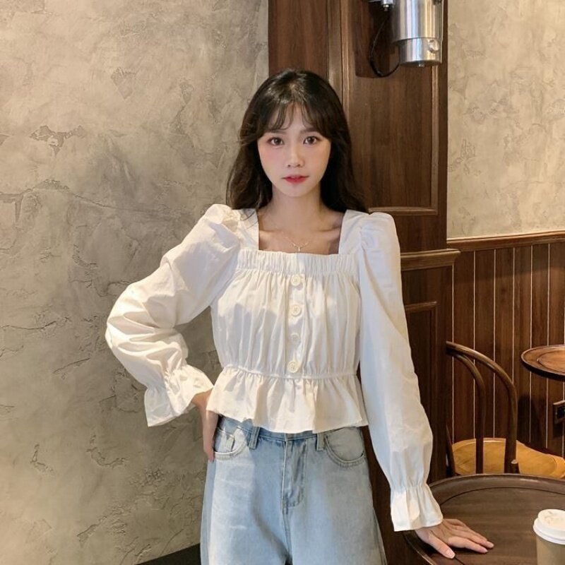 2024 Spring and Autumn New Sweet French Slim Fit Slimming Square Collar Short Small Long Sleeve Shirt Top Women's Western Style